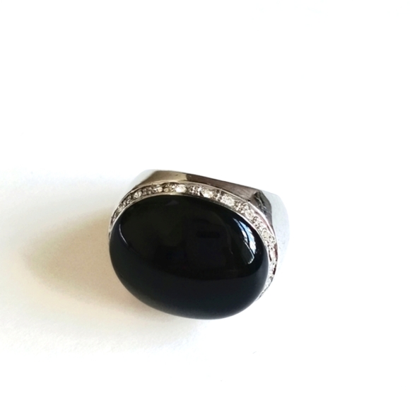 Vintage Onyx Cabochon & Rhinestone Art Deco Ring Size 7 - Picture 3 of 16